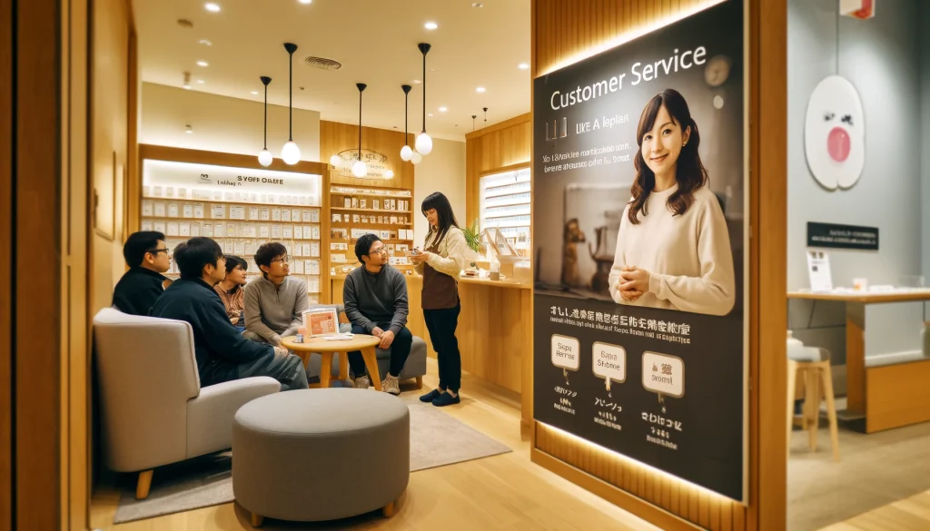 「日本の寝屋川市にあるiPhone修理店の顧客サービスエリア。快適な座席、顧客の声を紹介するプロモーションポスター、顧客と交流する親しみやすいアジア人スタッフが特徴です。店内は柔らかい照明と木製のアクセントで温かい雰囲気が演出されています。」