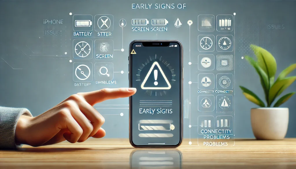 「iPhoneの故障サインを早期に発見するためのポイントを示す画像。画面にエラーが表示されたiPhoneを指さす手があり、バッテリーや画面、接続の問題を象徴するデスク環境。信頼性とサポートを感じさせるデザイン。」